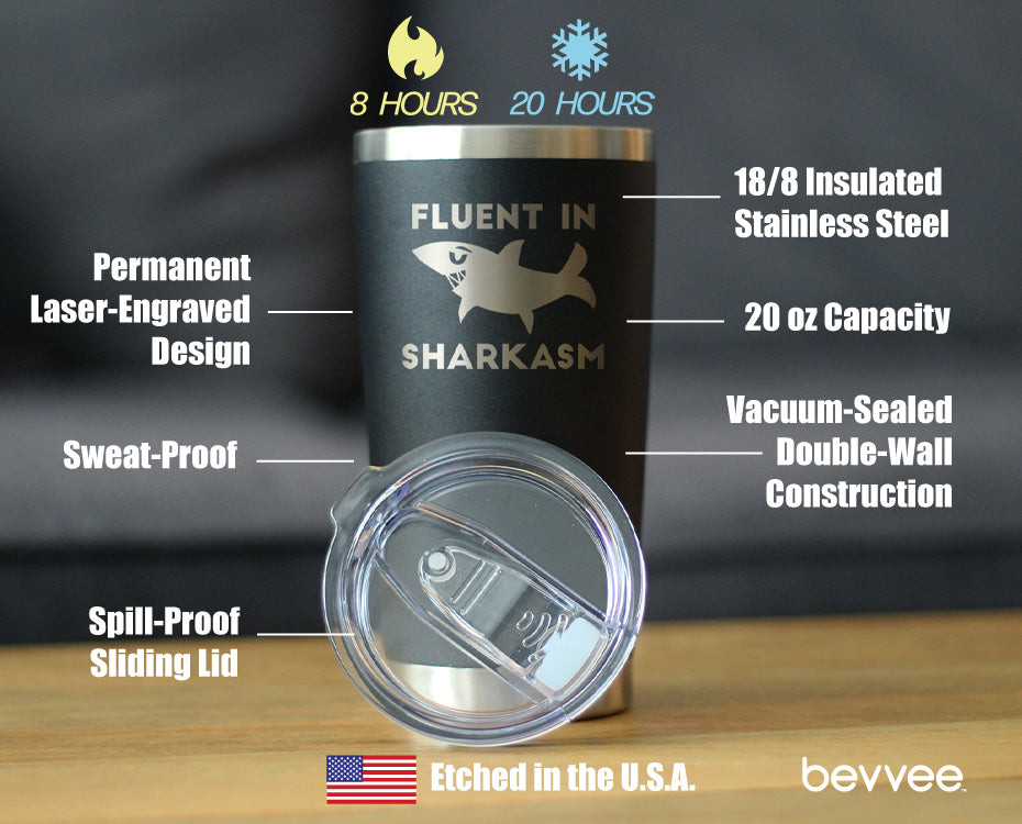 Fluent in Sharkasm - Shark Insulated Coffee Tumbler Cup with Sliding Lid - Stainless Steel Insulated Mug - Funny Cute Shark Decor Gifts