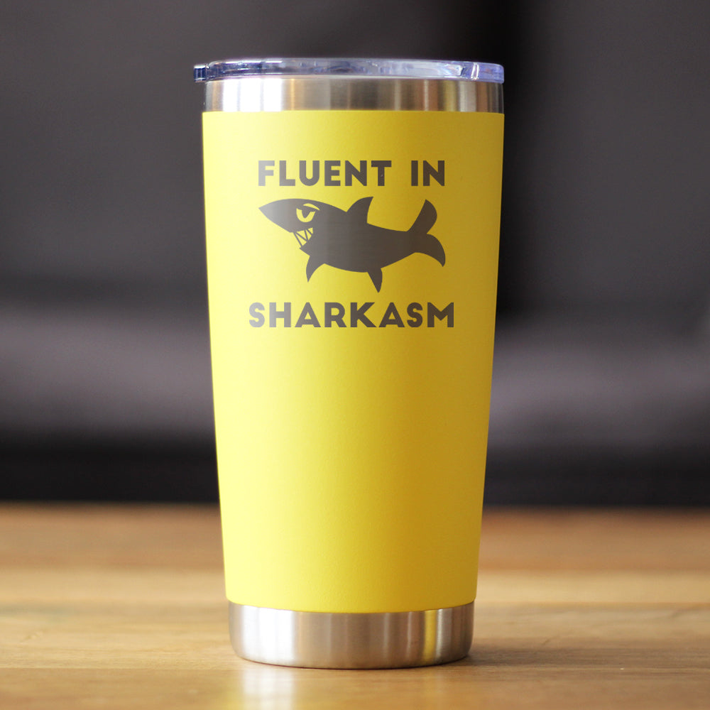 Fluent in Sharkasm - Shark Insulated Coffee Tumbler Cup with Sliding Lid - Stainless Steel Insulated Mug - Funny Cute Shark Decor Gifts